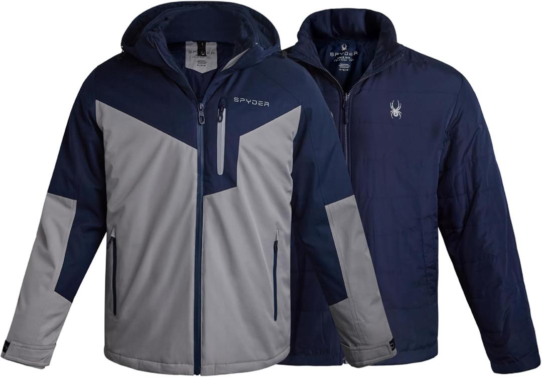 Spyder Mens Ski Jacket - 3-in-1 System Snow Waterproof Winter Jackets for Men - Mens Snowboard Jacket with Detachable Hood (Small, Pewter With Polar)