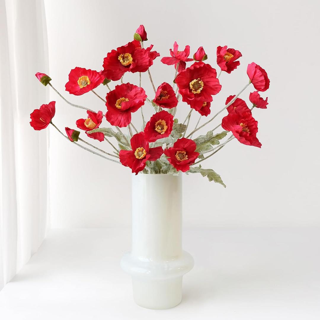 6PCS Red Poppy Flowers Artificial Silk Poppies Faux Bouquet for Christmas Fake Floral Home Decor Living Room Kitchen Party Xmas Red Table Centerpieces
