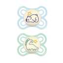MAM Perfect Night Baby Pacifier, Patented Nipple, Glows in The Dark, 2 Pack, 0-6 Months, Boy (Pale Mint / Butter)