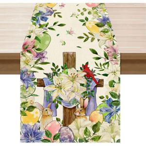 XCHI Bunny Flowers Cross Eggs Rabbit Easter Table Runner Table Decoration for Party Home Kitchen Dining Holiday Decor 13x90 Inch