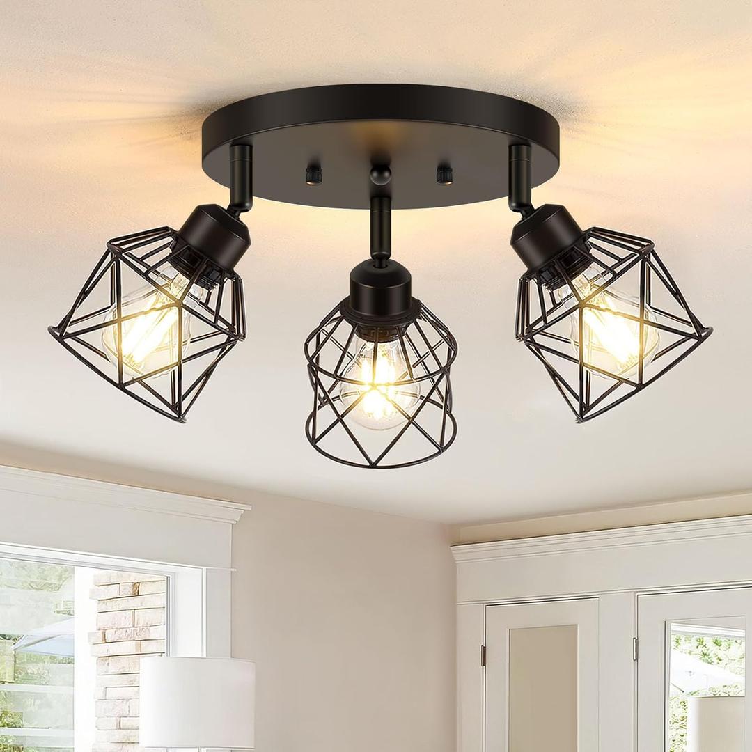 Baocuz 3-Light Kitchen Flush Mount Ceiling Light, Adjustable Multi-Directional Ceiling Light Fixture, Farmhouse Black Metal Cage Close to Ceiling Lamp for Dining Room Bedroom Hallway, Black