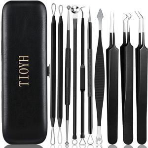 Professional Pimple Popper Tool Kit,10 PCS Blackhead Remover Tweezers,Extractor Acne Removal Kit for Easy Removal for Pimples,Comedone Extractor Tools for Removing Zit,Acne Removal Kit (Black)