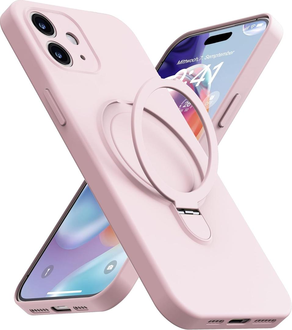 Magnetic Stand for iPhone 12 Case, Liquid Silicone, [Compatible with MagSafe][Built-in Kickstand&Ring Holder] Anti-Scratch Soft Microfiber Lining, Light Pink