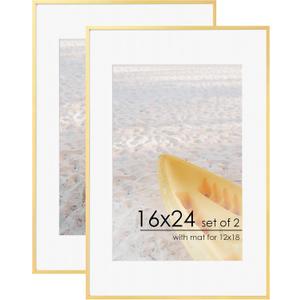 16x24 Frame | 16x24 Gold Frame With Mat For 12x18 | Metal Aluminum Picture Frame With Tempered Glass | Minimalist Modern Poster Frame | Hanging Hardware Included | Set of 2, Gold