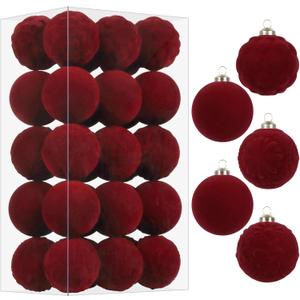 RoseCraft 30PCS Burgundy Velvet Christmas Ball Ornaments Set, 60MM/2.3Inch Shatterproof Flocked Ornament for Christmas Tree Hanging Holiday Valentine's Day Party Xmas Decorations