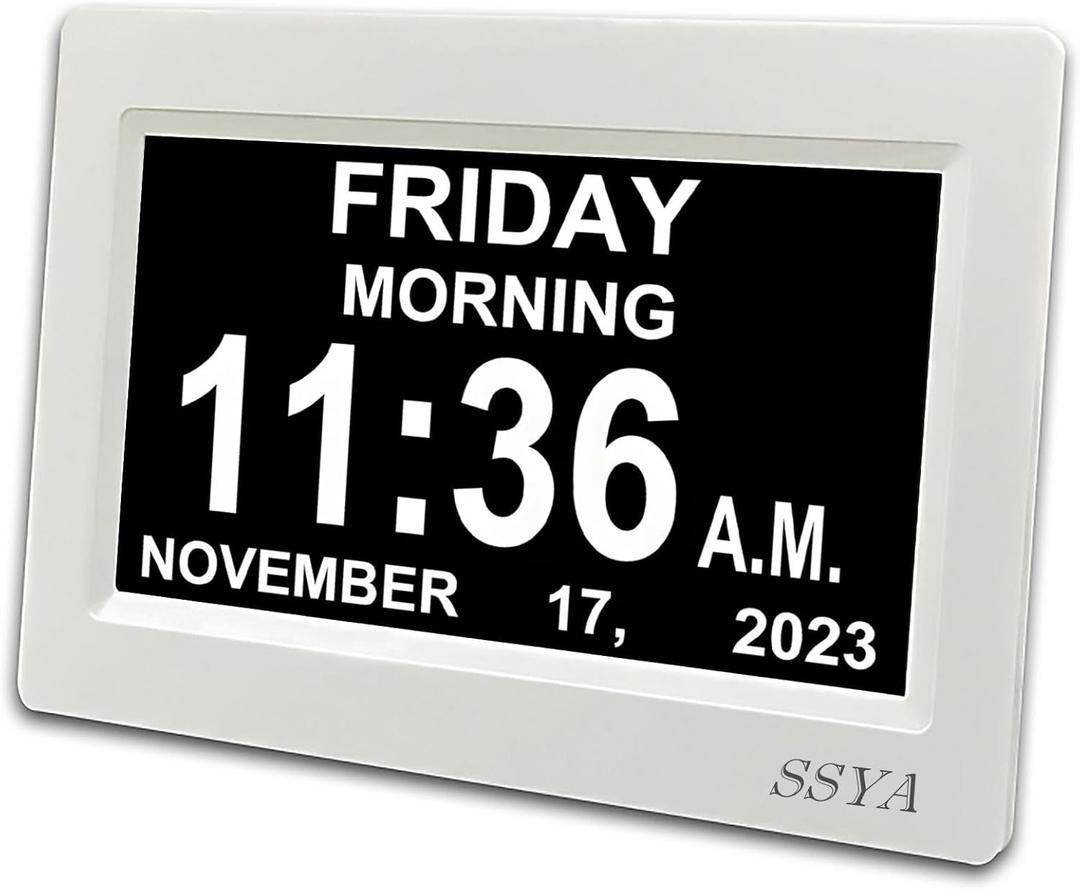SSYA Digital Calendar Alarm Clock - Dementia Clocks for Seniors, Non-Abbreviated Memory Loss Clock with Date and Time for Elderly (White)