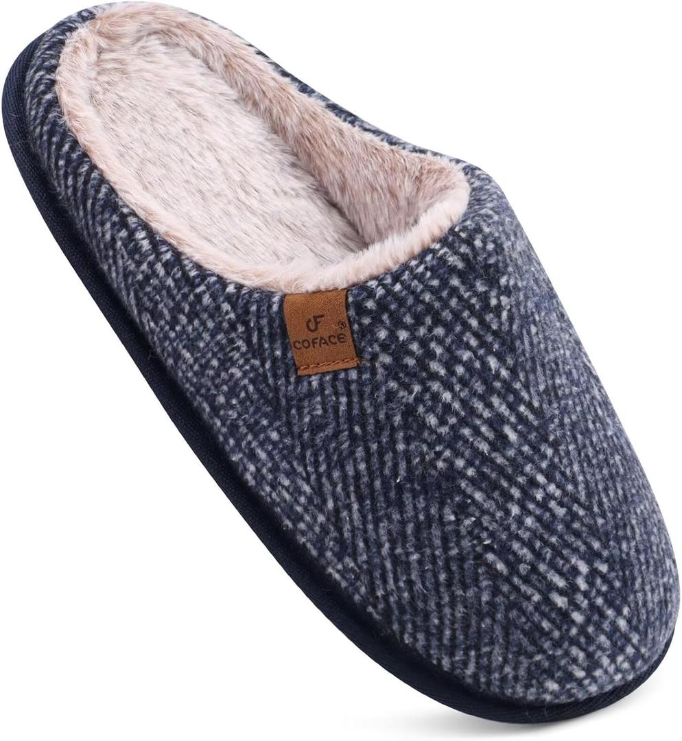 COFACE Womens Cozy Memory Foam Scuff Slippers Ladies Fuzzy Warm Slip On House Shoes With Arch Support, Indoor Outdoor Rubber Sole, Twill Blue Size 6M/7W (Black)