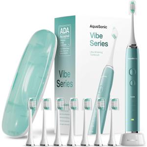 Aquasonic Vibe Series Ultra-Whitening Toothbrush  ADA Accepted Power Toothbrush - 8 Brush Heads & Travel Case  40,000 VPM Motor & Wireless Charging - 4 Modes w Smart Timer  Mint Green Metallic