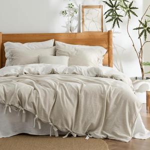 Bedsure Striped Duvet Cover Queen Size  Moisture-Wicking Eucalyptus Lyocell, Cotton & Linen Hybrid Comforter Cover Set with Bowknot Ties Closure  GentleSoft & Breathable Bedding Set  Beige (Queen (90" x 90"))