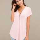 LUSMAY Women's Casual Zipper V Neck Short Sleeve Tunic Tops Loose Fitting T Shirts Blouse (Pink, M)