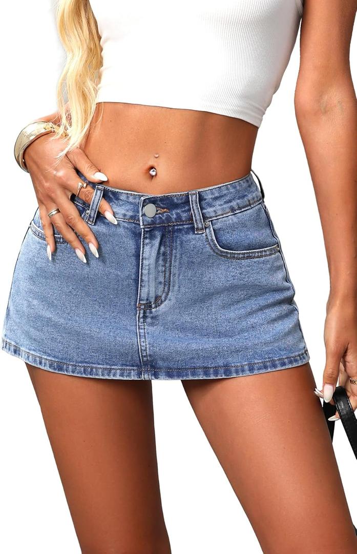 ELLEVEN Low Rise High Stretch Mini Skort Skirt for Women,Denim Skort Shorts with Pockets (X-Small, Medium Wash)