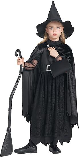 IKALI Black Witch Costume for Kids, Classic Black Witch Dress up for Girls Toddlers,  7-8Y