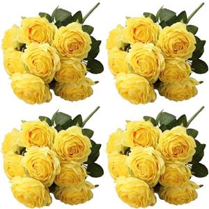 4 Bundles Artificial Roses Flowers 10 Heads Arrangement Silk Bridal Bouquet for Home Office Parties and Wedding Decoration (Yellow 4pcs)
