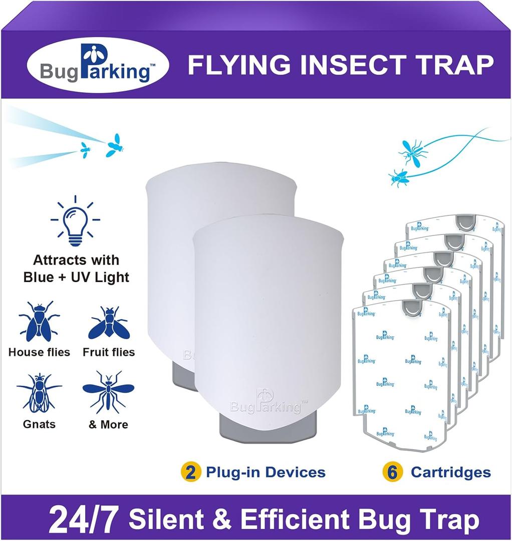 Flying Insect Trap, Plug-in UV Light for Gnats, Fruit Flies and Houseflies, Silent Sticky Catcher for Indoor Use, 2 Devices & 6 Refills