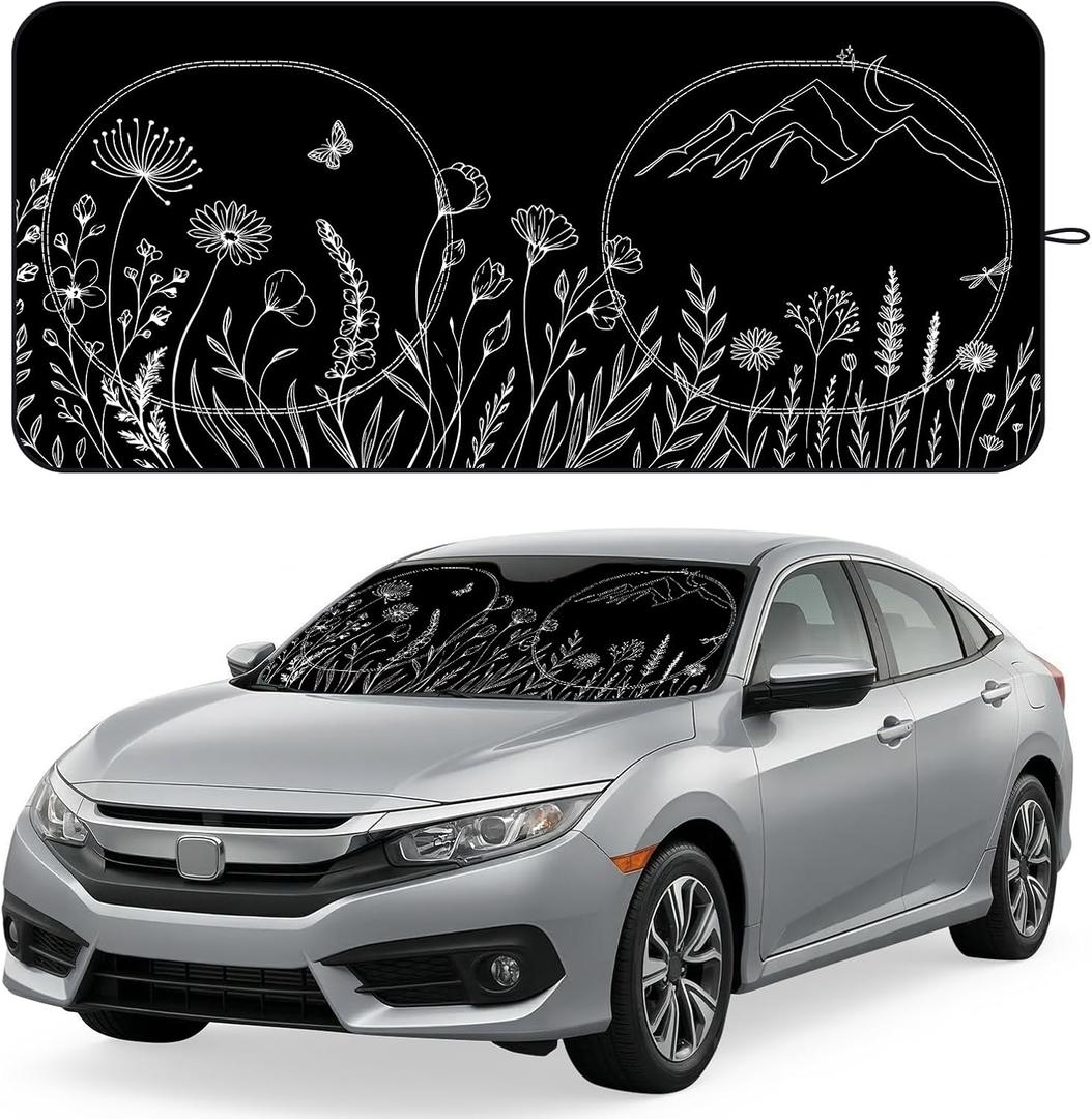 Windshield Sun Shade for Car, 63"x28.5" Stylish Printed Front Window Sunshade with Double Steel Ring Frame, Universal Fit Foldable Heat Blocker & UV Protector, with Storage Pouch (Line Floral)