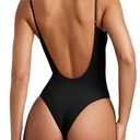 REORIA Womens Summer Sexy Open Back V Neck Spaghetti Strap Cami Double Lined Backless Trendy Thong Bodysuit Top Black Small