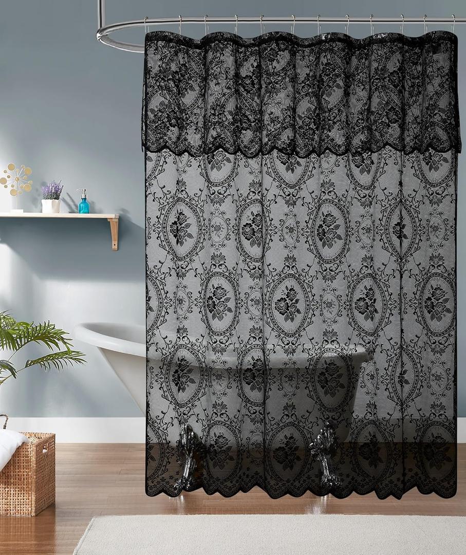 NOIR Gothic Shower Curtain with Black Valance. 36 Inch Goth Bathroom Decor. Black Vintage Shower Curtain. SH Black-Black 36 (36"W x 72"L (Pack of 1))