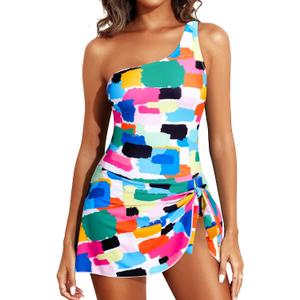 Tempt Me Women One Piece Swim Dress One Shoulder Swimsuit with Skirt Tummy Control Swimdress Bathing Suit (Color Block)
