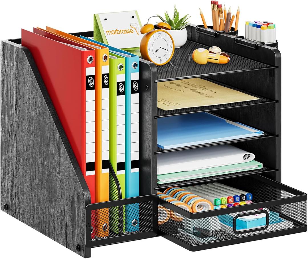 Marbrasse Desk Organizer with File Holder, 5Tier Paper Letter Tray Organizer with Drawer and 2 Pen Holder, Mesh Desktop Organizer and Storage with Magazine Holder for Office Supplies(Black)