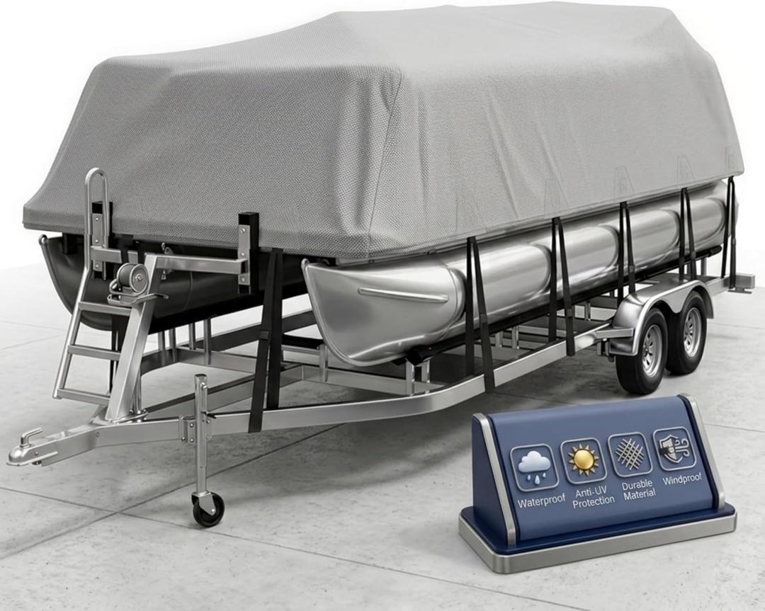 1200D Pontoon Boat Cover 17-20 ft, Heavy Duty Waterproof Trailerable Pontoon Cover with Motor Cover & Hurricane Proof System, Anti-UV Cover for Pontoon Boat 17ft 18ft 19ft 20ft,Gray (Length: 17'-20' Beam Width: up to 102")