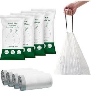 SONGMICS Trash Bags for 8-Gallon (30L) Trash Cans, 180 Count Drawstring Kitchen Garbage Bags, Pre-Separated, Liner Code 30A, 4 Rolls, White UKRB030A04
