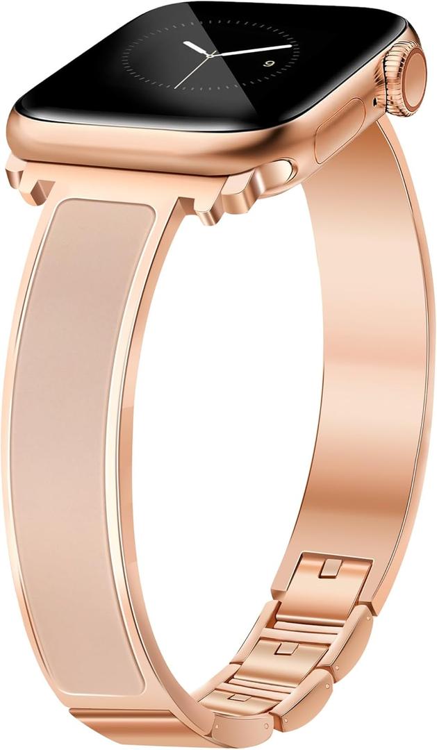 Rose Gold Slim Watch Bands for Women Compatible with Apple Watch 38mm 40mm 41mm 42mm (S10) Jewelry Dressy Bracelet Metal Strap Adjustable for iWatch Series 10/9/8/7/6/5/4/3/2/1/SE (41/40/38/42mm(Series 10), A2 Rose Gold + Nude)