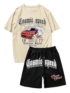 GORGLITTER Men's 2 Piece Outfits Bear Letter Print Graphic Tee and Drawstring Waist Track Shorts Set Khaki and Black, Small