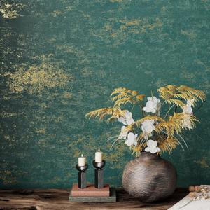 VEELIKE Distressed Teal Gold Metallic Wallpaper Peel and Stick Plaster Concrete Wallpaper for Bedroom Accent Wall 15.7''x118'' Self Adhesive Removable Teal Metallic Contact Paper for Walls Cabinets