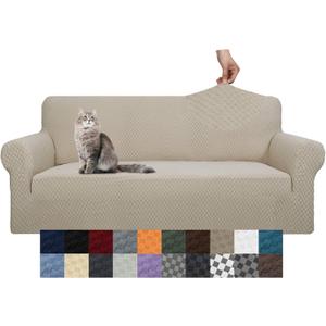 YEMYHOM Couch Cover Latest Jacquard Design High Stretch Sofa Covers for 3 Cushion Couch, Pet Dog Cat Proof Slipcover Non Slip Magic Elastic Furniture Protector (Sofa, Khaki) (Large (71"-91"))