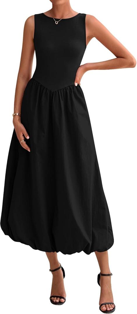 BTFBM Women's 2025 Summer Casual Sleeveless Midi Dress Patchwork Knit Tank Bubble Long Flowy Beach Maxi Sundress Pockets (Black, S)