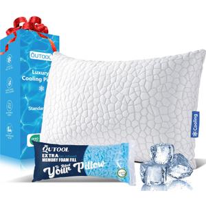 QUTOOL Cooling Bed Pillows for Sleeping Shredded Memory Foam Pillows Adjustable Gel Pillows for Side Stomach Back Sleepers Washable Removable Cover Standard Size Pack of 1, Gift for Women Men (White-cooling Basic)
