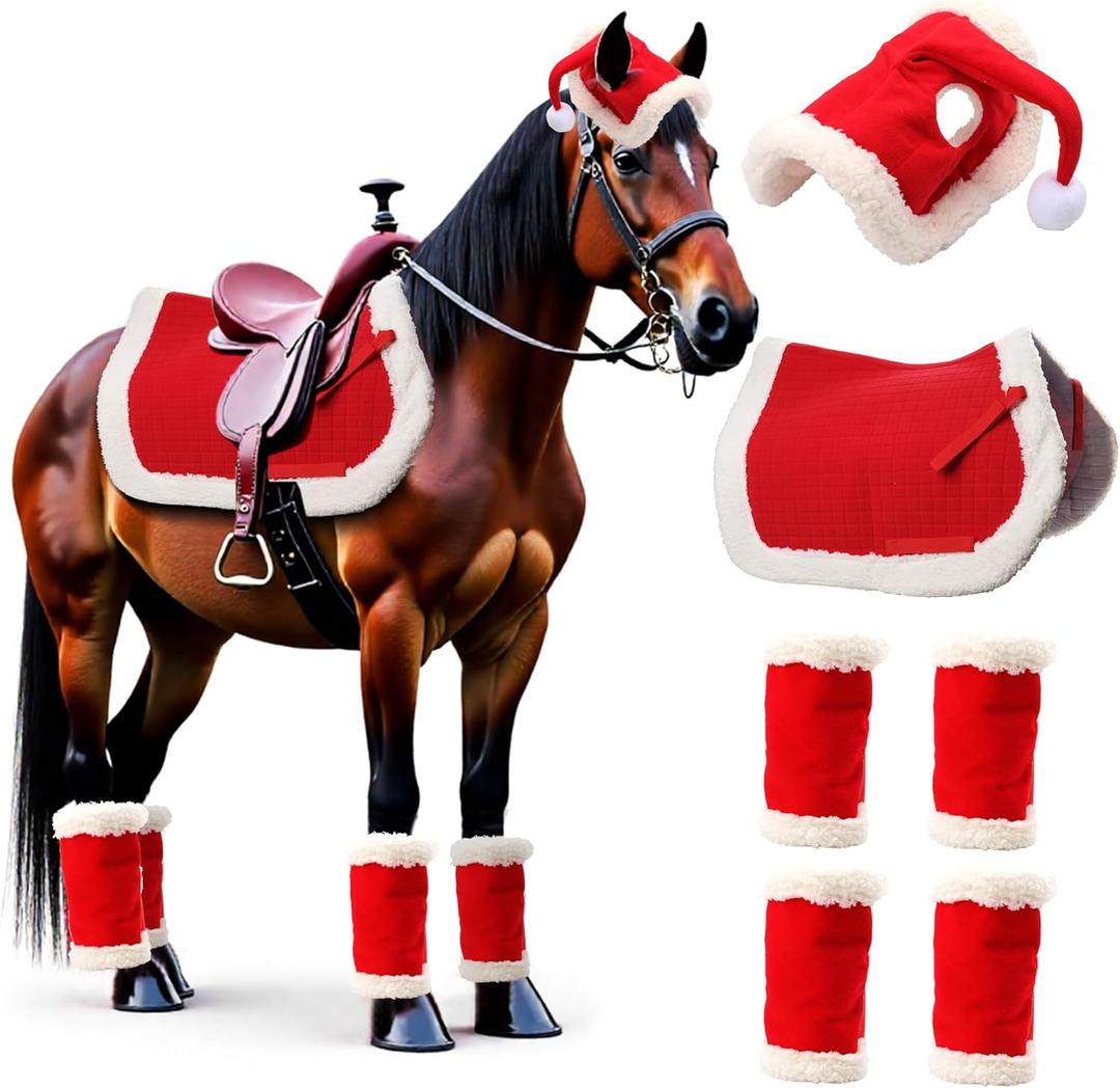 LITGURU 6 Pcs Christmas Saddle Pad Decorations: Santa Leg Wraps with Faux Fur, Jolly Santa Hat for Horses, and All-Purpose Western Saddle Pad Perfect Costume Accessories for Holiday Parties