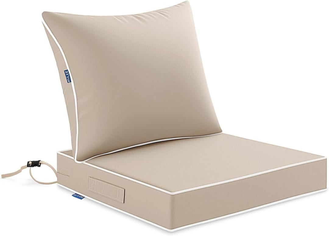 MIULEE Beige Outdoor Seat Cushion 24x24 Inch Waterproof & 3 Year Fade Resistant Deep Seat and Back Cushion for Patio Furniture Chair Sofa Couch with Handle and Adjustable Straps