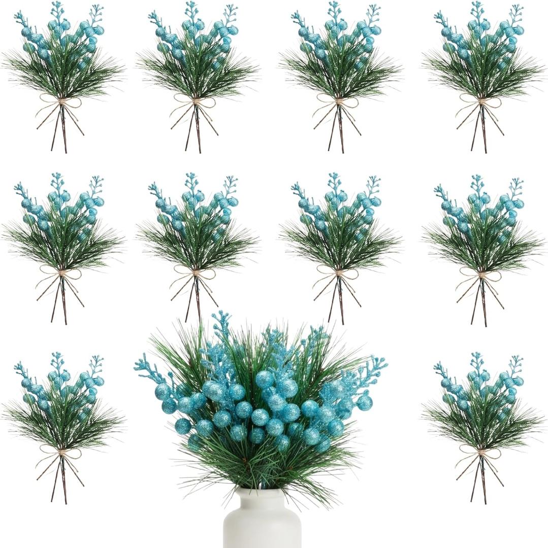 Geosar 24 Pieces Blue Christmas Artificial Greenery Pine Branches Small Holly Artificial Berries Picks Bulk for Crafts Wreath Decoration Xmas Tree Party Gift for Christmas Holiday Decor