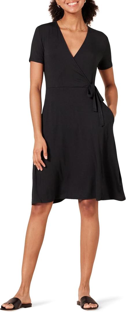 Amazon Essentials Women's Short Sleeve Faux-Wrap V Neck Dress (Black) XL