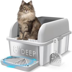 8" Deep Stainless Steel Cat Litter Box with Lid Extra Large Litter Box for Big Cats XL Metal Litter Pan Tray with High Wall Sides Enclosure, Non-Sticky, Anti-Leakage, Easy Cleaning (Light Grey & Sliver)