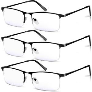 3 Pack Blue Light Blocking Reading Glasses for Men, Stylish Half Frame Metal Computer Readers, Lightweight Spring Hinge Eyeglasses Anti Eyestrain/Glare/UV (Black, 2.0)