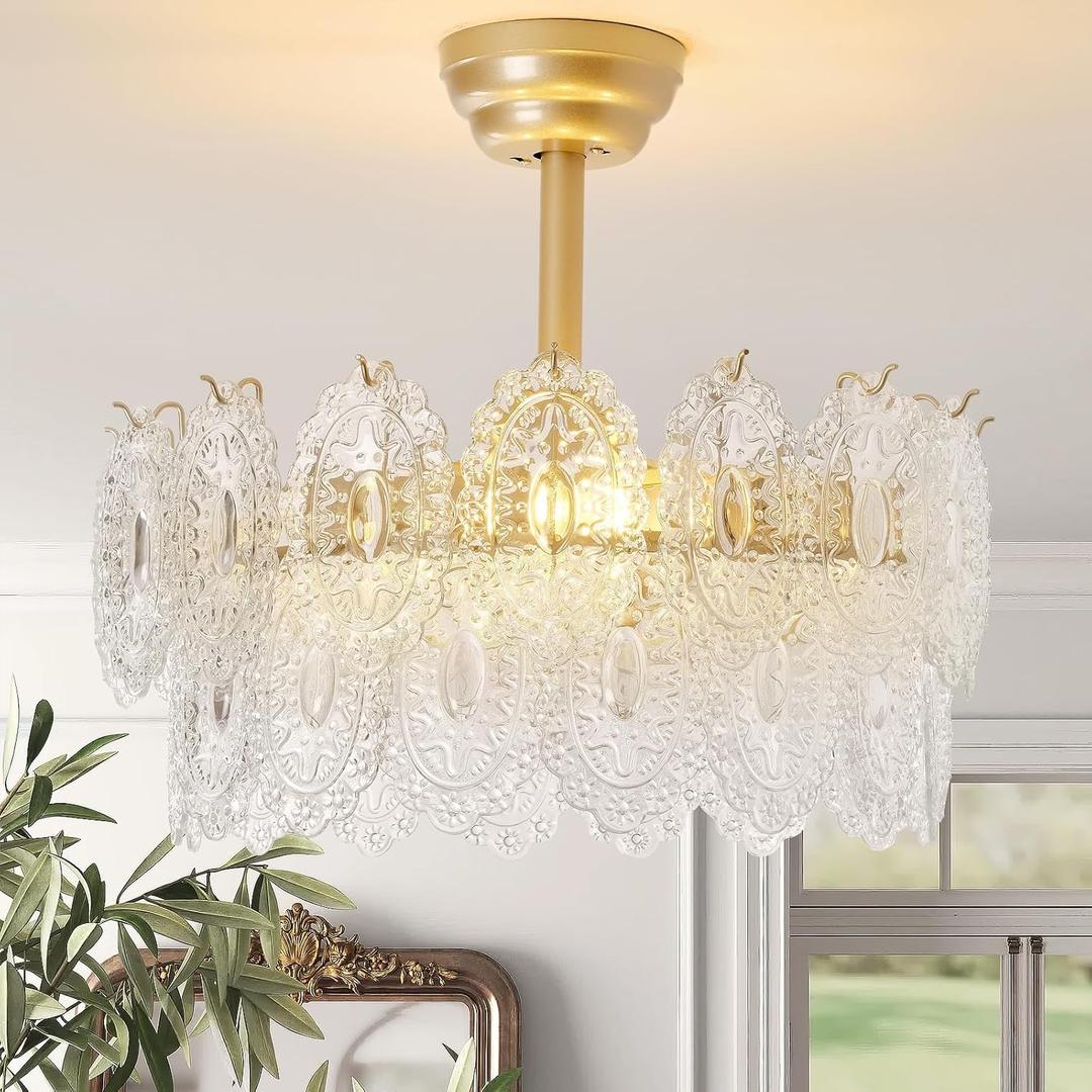 20" Gold Fandelier Ceiling Fans with Lights, Crystal Chandelier Ceiling Fans with Lights Remote Control, Mid Century French Caged Fandelier with 6 Speeds for Bedroom, Living Room