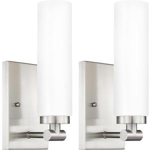 Emak Brushed Nickel Wall Sconces, 2 Light Bathroom Light Fixtures with Milk Glass Shade, Modern Wall Lights for Bathroom, Mirror, Living Room, Bedroom, Gallery, WS086-BN-ML-2PK