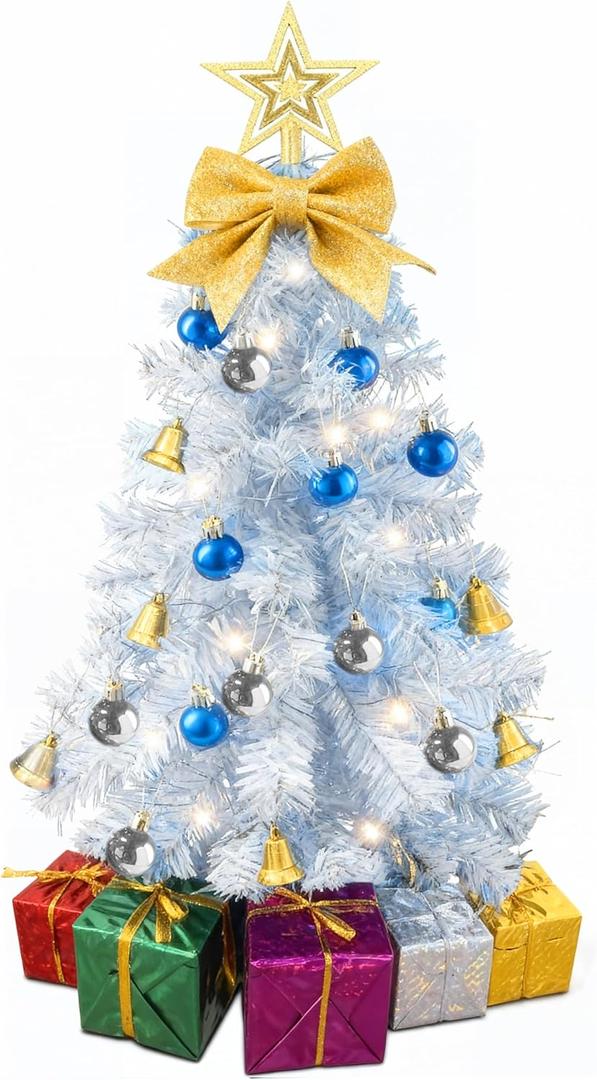 Small White Christmas Tree with Lights - 23 Inch Mini Tabletop Christmas Tree with Warm-White LED Lights, Hanging Ornaments, Decorative Bow and Gift Boxes - Table Tree for DIY Christmas Decoration