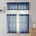 Chyhomenyc Marilyn 2PCS Navy Blue Sheer Valances for Windows 14 Inches Long, Light Filtering Soft Clip Jacquard Textured 3D Leaf Curtains for Bathroom Bedroom Small Windows, 38Wx14L Inches