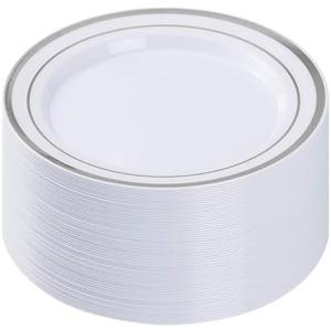 BESTVIP 50PCS Silver Plastic Plates, 10.25 Inch Disposable Dinner Plate Party with Silver Rim, Heavy Duty Disposable Plastic Plates for Christmas, Thanksgiving, Party, Wedding and Birthday