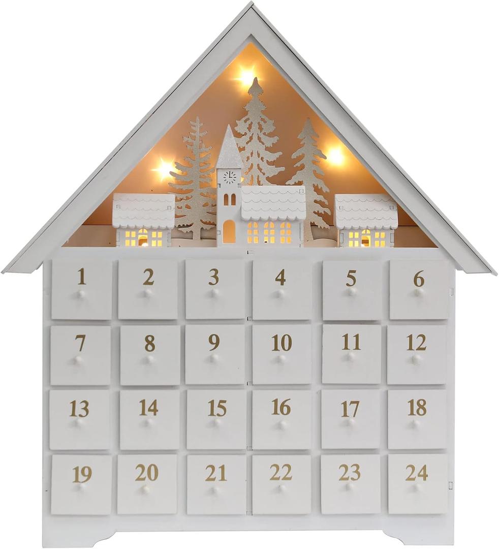 Christmas Wooden Advent Calendar House with 24 Drawers, Countdown to Christmas for Kids, LED Home Decoration, L16.25 x H17.9 x T2.87 inches, Battery Operated