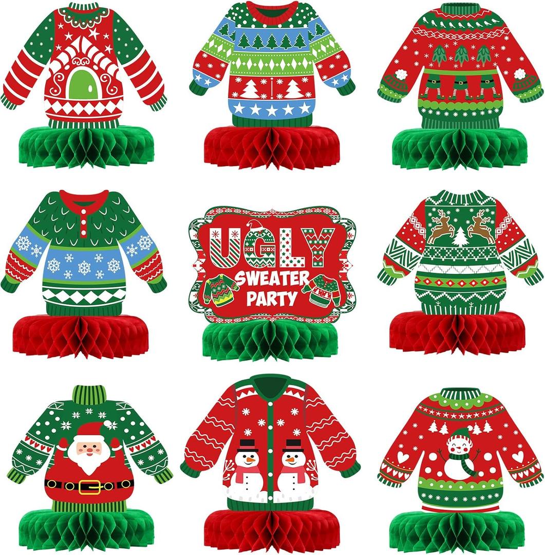 9 Pieces Christmas Ugly Sweater Party Decorations Ugly Sweater Party 3D Tables Topper Xmas Table Honeycomb Centerpieces Ugly Sweater Christmas Ugly Cutouts Centerpieces for Winter Holiday Supplies