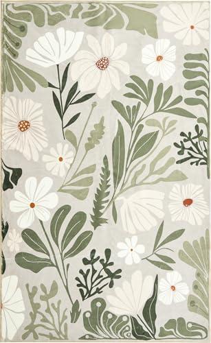 RoomTalks Cute Funky Bedroom Rugs Aesthetic Decor, 5x7 ft. Washable Area Rug Non Slip Sage Green Boho Floral Botanical Rug Modern Abstract Throw Rug Accent Carpet for Living Room Kitchen Entryway Dorm