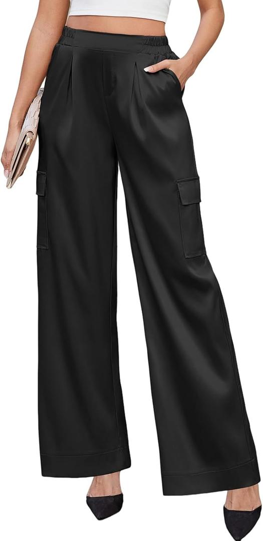 ZAFUL Womens Satin Pants Wide Leg High Waisted Cargo Pants Silky Dressy Casual Slack Trousers (Pink, L)