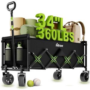 34" Extra Long Collapsible Wagon Cart, 360LBS Capacity, Black | Foldable Utility Cart with Wheels, Heavy-Duty, for Shopping/Grocery/Garden/Sports/Camping, 130L Storage, 600D Oxford
