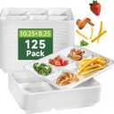 WELLIFE 100% Compostable 5 Compartment Paper Plates, 10.25 * 8.25 Inch 125 Pack Heavy Duty Divided Disposable School Lunch Trays, Eco-Friendly Bagasse Plates for Boys, Girls and Youth (BPA Free) (White)