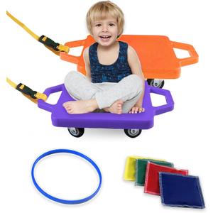 2 Plastic Scooter Boards with Handles for Kids Sitting and Sports Training, with 1 Ring, 2 Ropes and 4 Beanbags, Indoor and Outdoor Play (Orange & Purple)