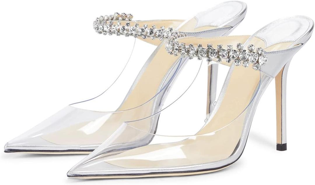 JANSEVEN Mules Flats For Women Closed Toe Flat Sandals With Rhinestone Pointy Slip On Patent Leather 4 Inches Bridal Wedding Shoes Sexy (9)
